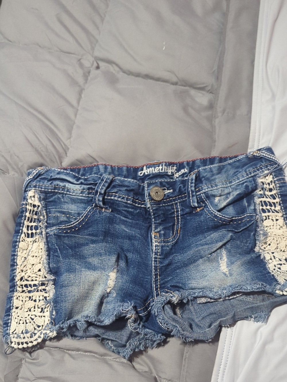 Amethyst Jeans Blue Distressed Denim Shorts with Crochet Trim